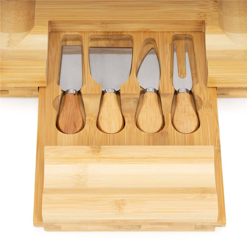 Set servire branzeturi platou bambus sertar glisant 4 accesorii, 33x33x4 cm, compact, maro natur — imaginea 8