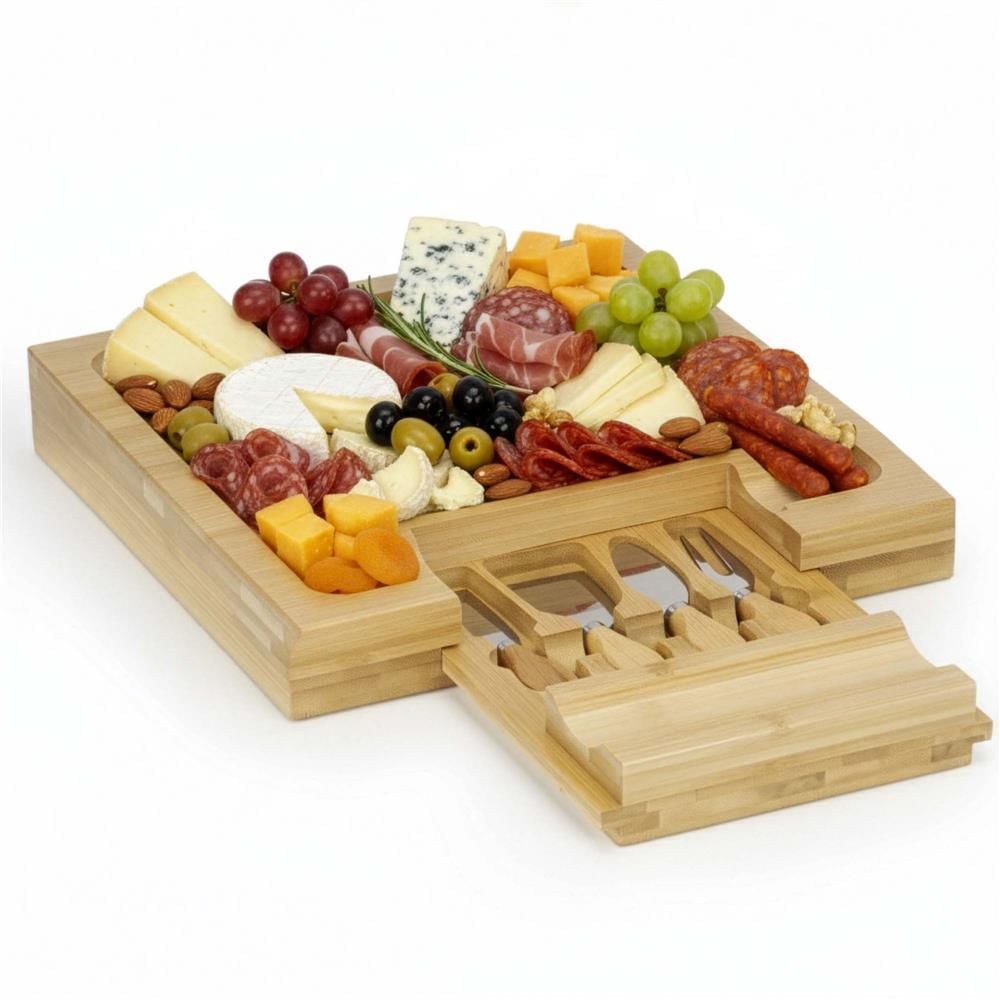 Set servire branzeturi platou bambus sertar glisant 4 accesorii, 33x33x4 cm, compact, maro natur — imaginea 9
