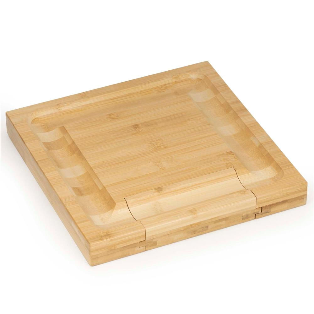 Set servire branzeturi platou bambus sertar glisant 4 accesorii, 33x33x4 cm, compact, maro natur — imaginea 10