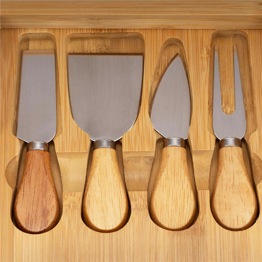 Set servire branzeturi platou bambus sertar glisant 4 accesorii, 33x33x4 cm, compact, maro natur — imaginea 11