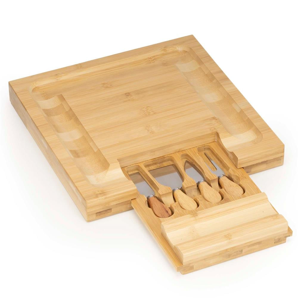 Set servire branzeturi platou bambus sertar glisant 4 accesorii, 33x33x4 cm, compact, maro natur — imaginea 12