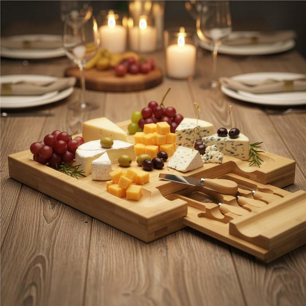 Set servire branzeturi platou bambus sertar glisant 4 accesorii, 33x33x4 cm, compact, maro natur — imaginea 13