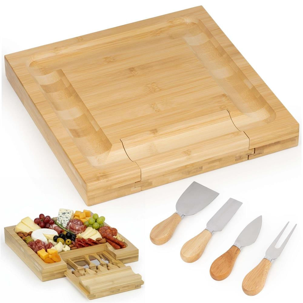 Set servire branzeturi platou bambus sertar glisant 4 accesorii, 33x33x4 cm, compact, maro natur — imaginea 17