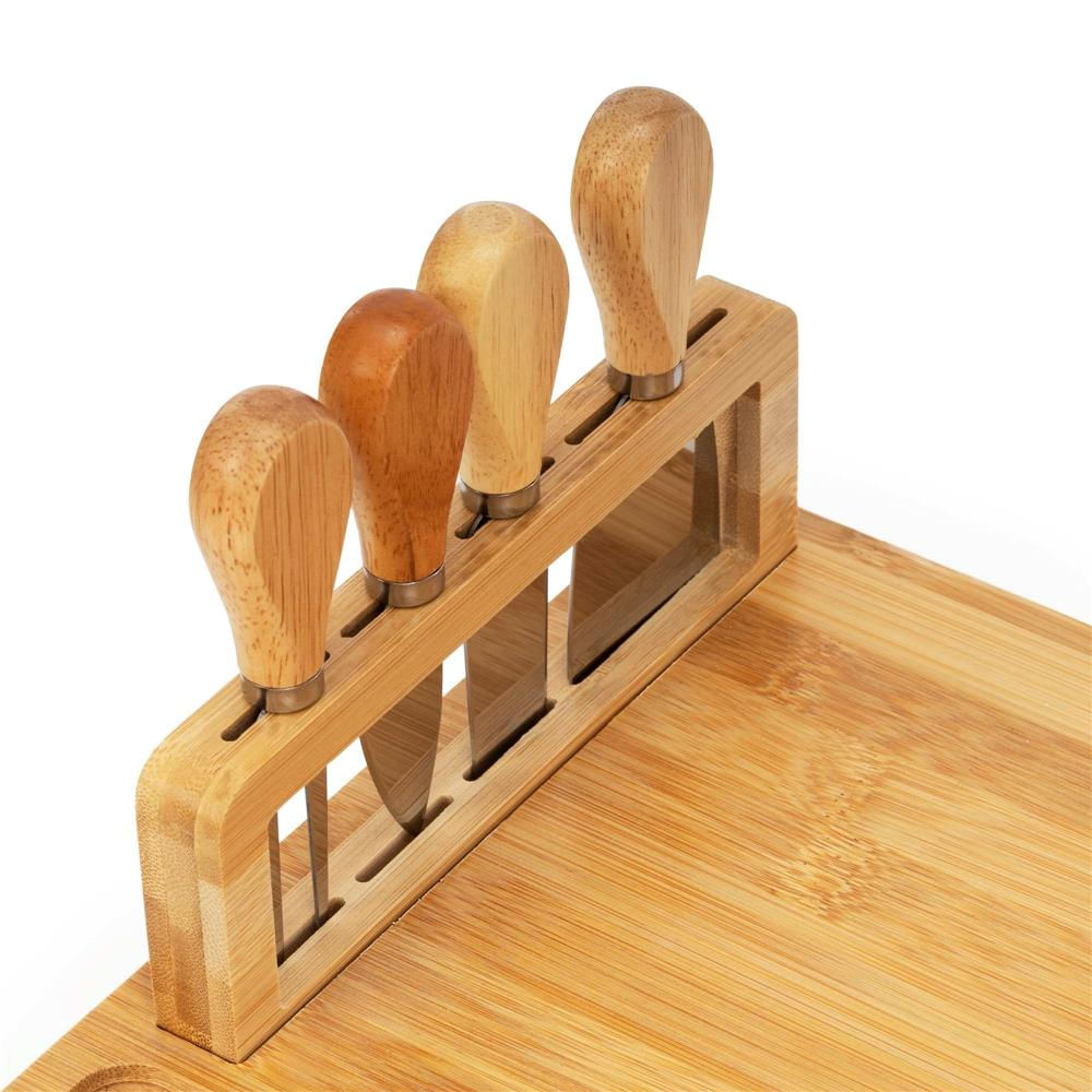 Set servire branzeturi platou bambus suport cutite 4 accesorii, 35x28x8 cm, design natural, maro natur — imaginea 2
