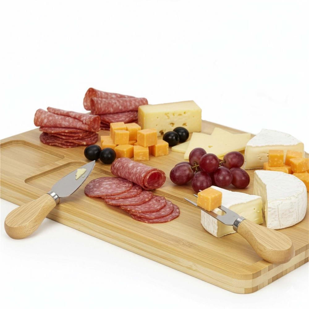 Set servire branzeturi platou bambus suport cutite 4 accesorii, 35x28x8 cm, design natural, maro natur — imaginea 4