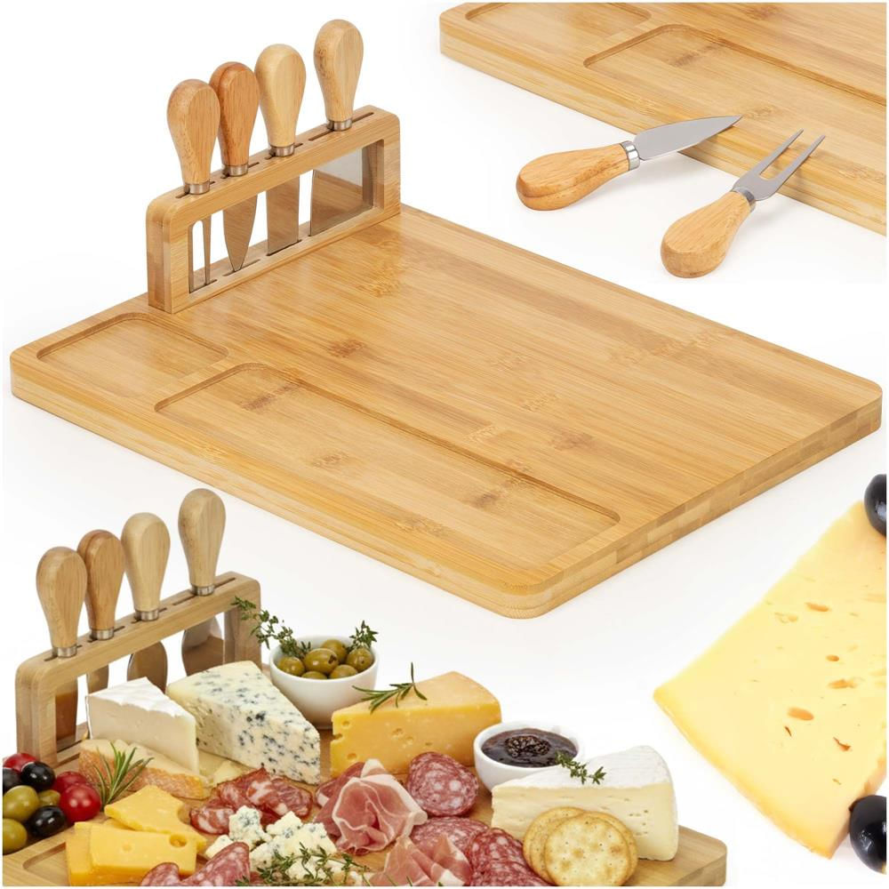 Set servire branzeturi platou bambus suport cutite 4 accesorii, 35x28x8 cm, design natural, maro natur — imaginea 6