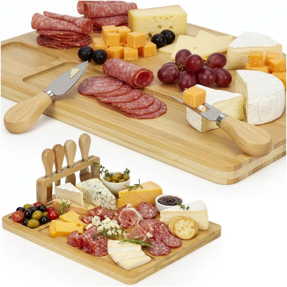 Set servire branzeturi platou bambus suport cutite 4 accesorii, 35x28x8 cm, design natural, maro natur — imaginea 7