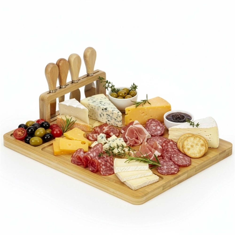 Set servire branzeturi platou bambus suport cutite 4 accesorii, 35x28x8 cm, design natural, maro natur — imaginea 11