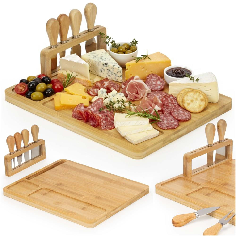 Set servire branzeturi platou bambus suport cutite 4 accesorii, 35x28x8 cm, design natural, maro natur — imaginea 14