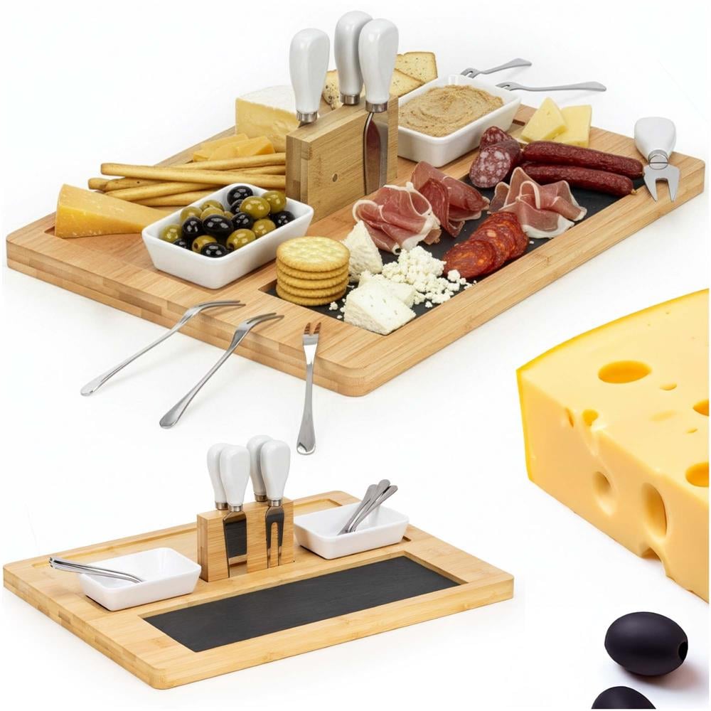 Set servire branzeturi platou bambus piatra 2 boluri 10 accesorii, 40x30x8 cm, design elegant, natur — imaginea 12