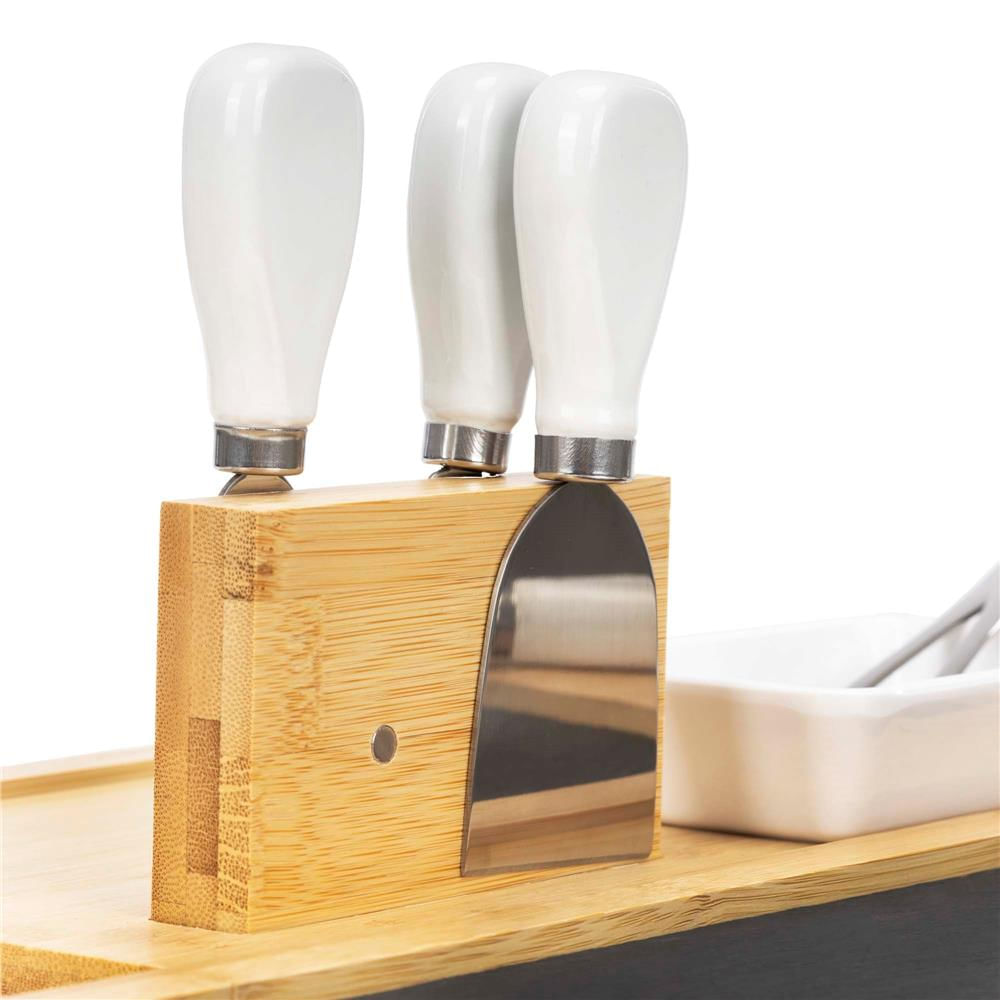 Set servire branzeturi platou bambus piatra 2 boluri 10 accesorii, 40x30x8 cm, design elegant, natur — imaginea 13