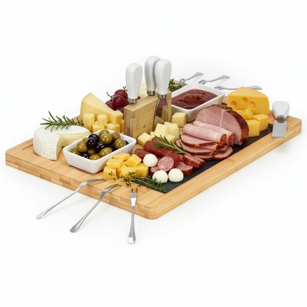 Set servire branzeturi platou bambus piatra 2 boluri 10 accesorii, 40x30x8 cm, design elegant, natur — imaginea 14