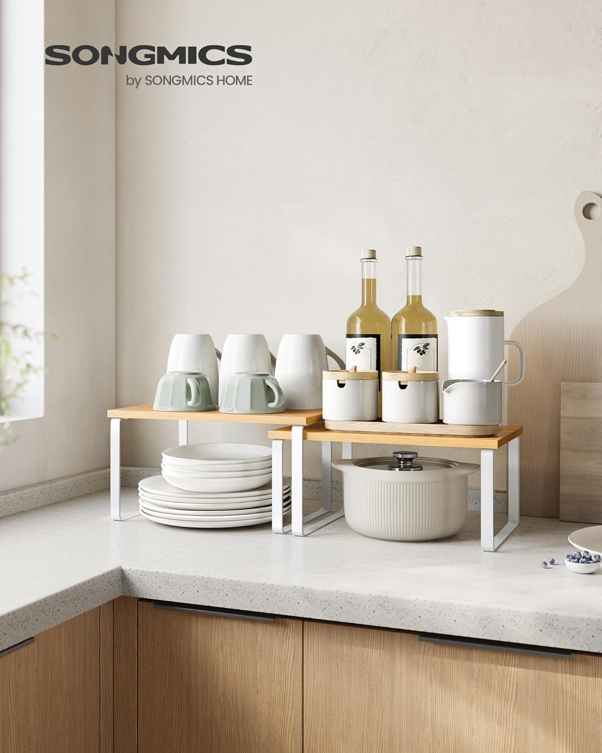 Set 4 rafturi de bucatarie suprapozabile, pentru ustensile sau condimente, 20x30x16cm, natur si alb — imaginea 3