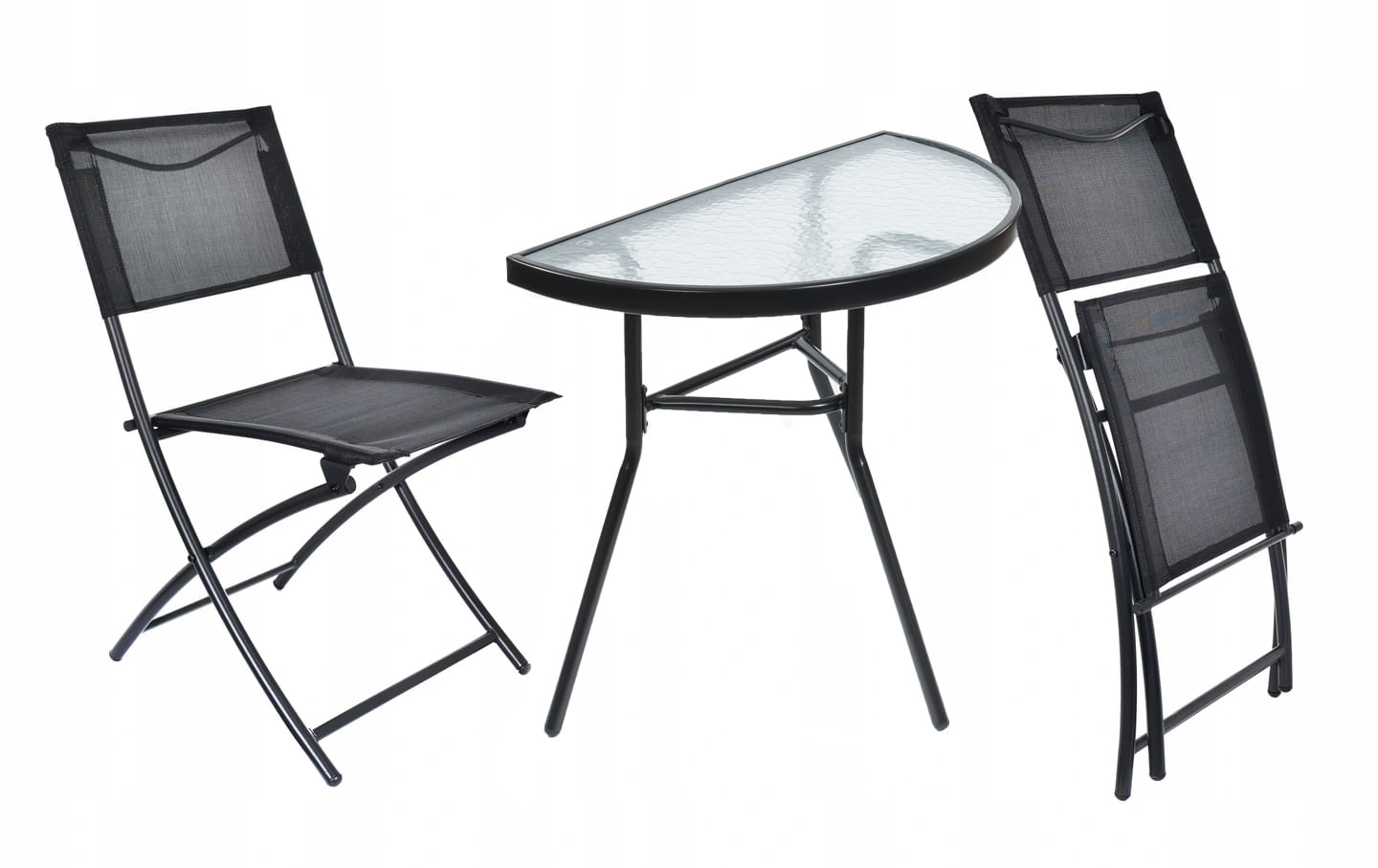 Set mobilier gradina masa semirotunda sticla calita mozaic cu 2 scaune pliabile textilen, gri — imaginea 2