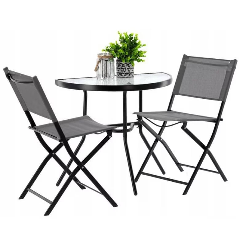 Set mobilier gradina masa semirotunda sticla calita mozaic cu 2 scaune pliabile textilen, gri — imaginea 6