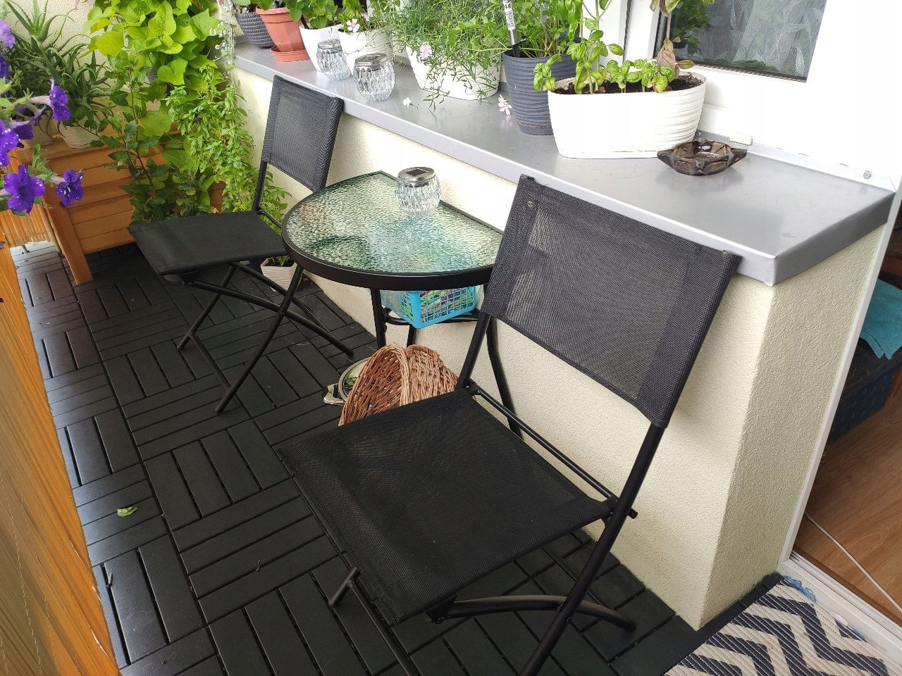 Set mobilier gradina masa semirotunda sticla calita mozaic cu 2 scaune pliabile textilen, gri — imaginea 7