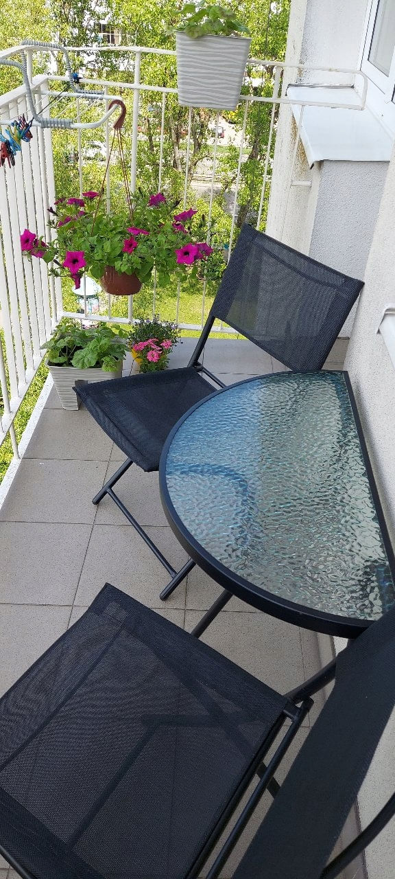 Set mobilier gradina masa semirotunda sticla calita mozaic cu 2 scaune pliabile textilen, gri — imaginea 8