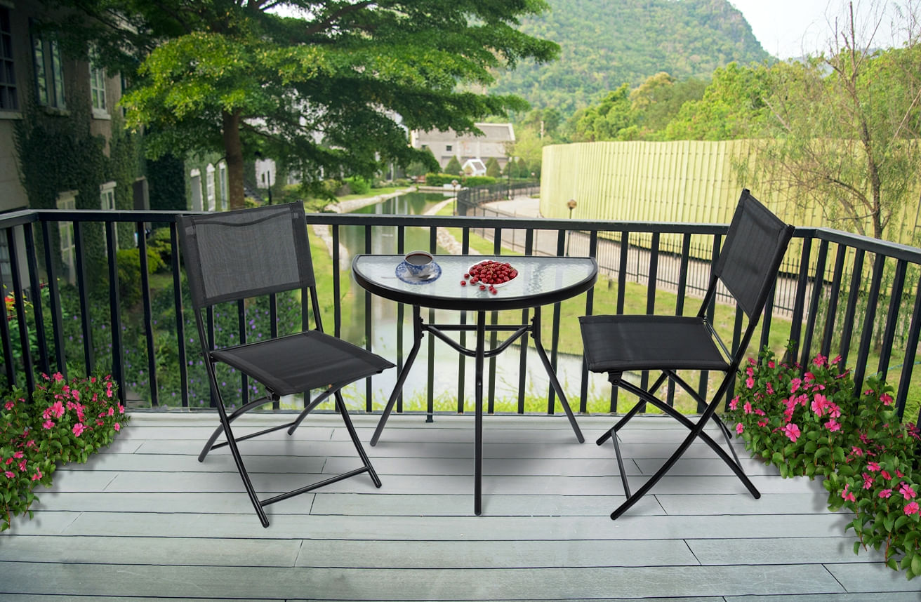 Set mobilier gradina masa semirotunda sticla calita mozaic cu 2 scaune pliabile textilen, gri — imaginea 10