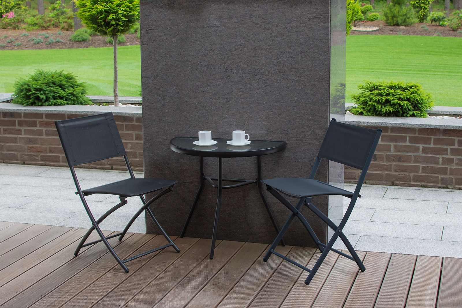Set mobilier gradina masa semirotunda sticla calita mozaic cu 2 scaune pliabile textilen, gri — imaginea 13