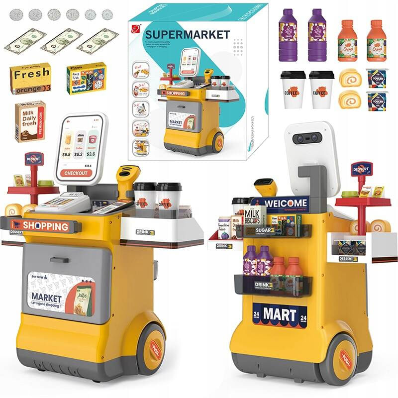 Set magazin pentru copii cu lada si roti, sunete, rafturi multiple, 48x30x58 cm, multicolor — imaginea 4