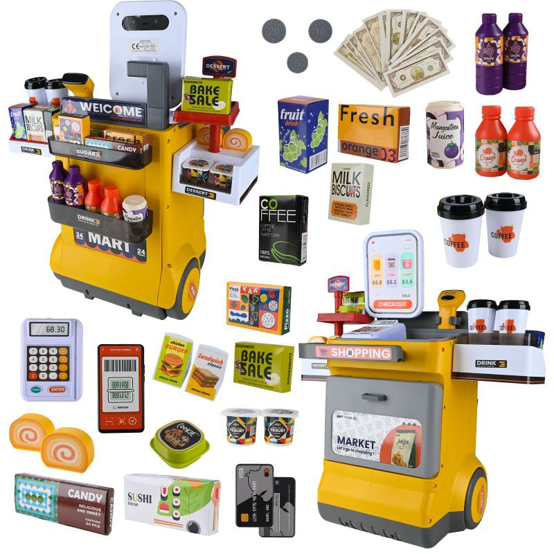 Set magazin pentru copii cu lada si roti, sunete, rafturi multiple, 48x30x58 cm, multicolor — imaginea 7