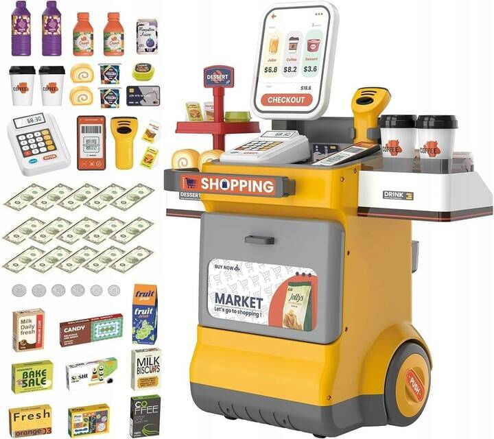 Set magazin pentru copii cu lada si roti, sunete, rafturi multiple, 48x30x58 cm, multicolor — imaginea 8