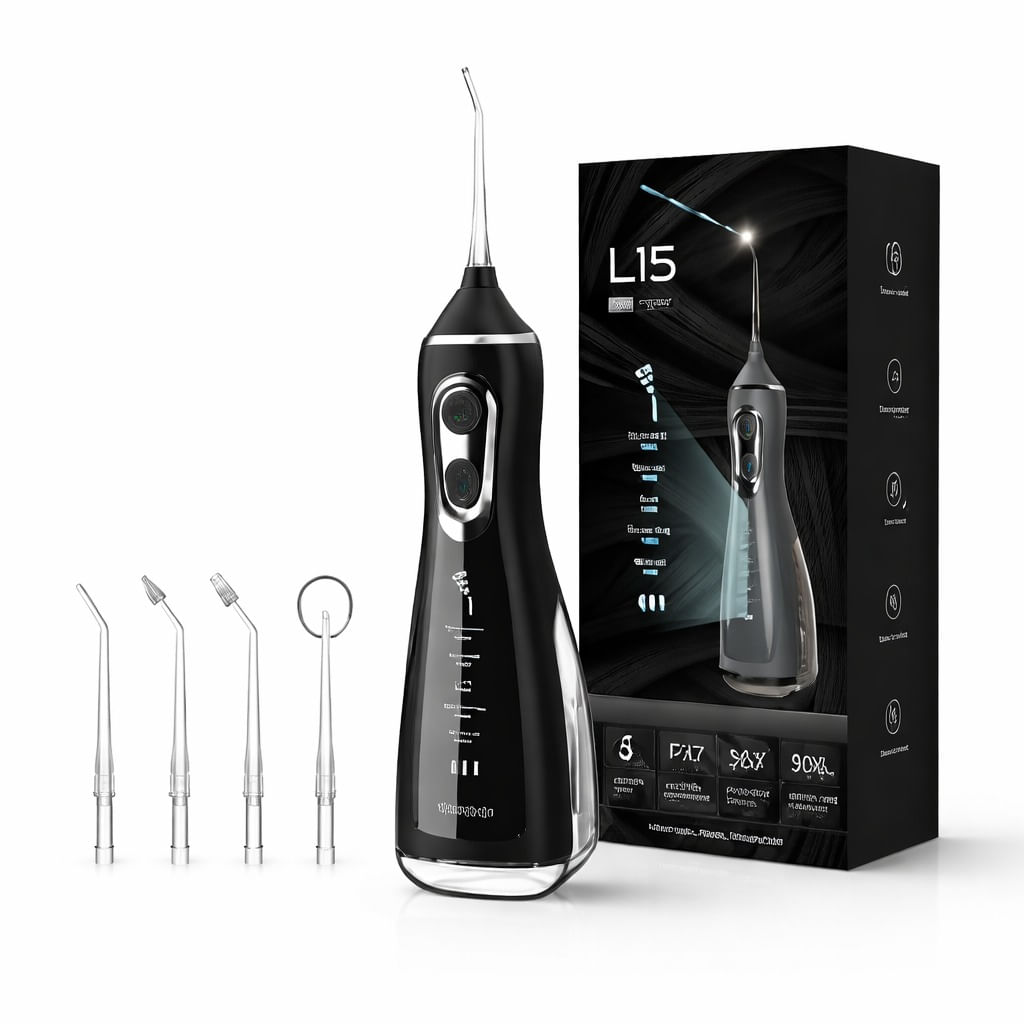 Irigator Bucal Profesional, Adsinio, 4 Capete,5 Trepte de Presiune, Rezervor Detasabil 300ml, Negru