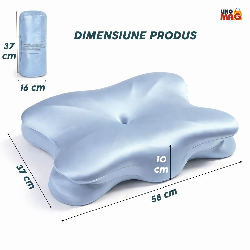 Perna ortopedica ergonomica Linomag®, Spuma cu memorie, Delicata cu pielea si parul, Anti-rid, Albastru deschis