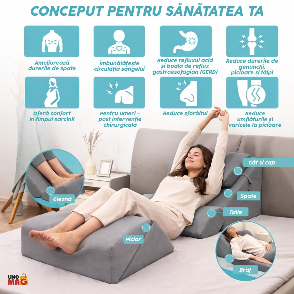 Set 6 Perne Ortopedice Reglabile Linomag®, Suport Spate, Gat si Picioare, Reflux, Sforait, Gri