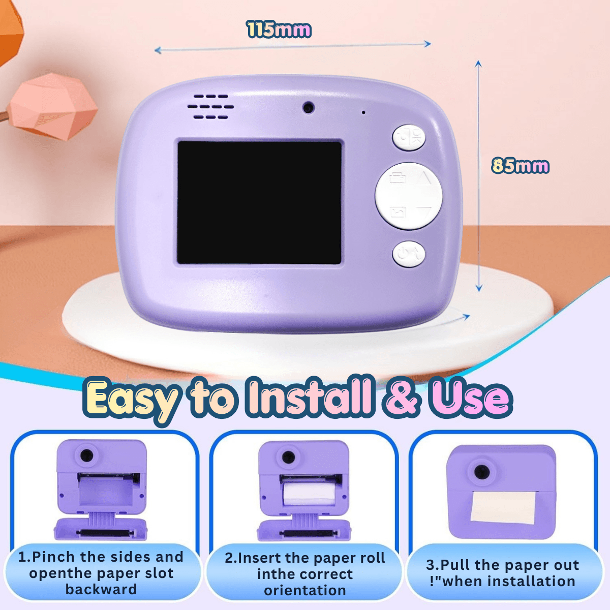 Camera Foto Instant pentru Copii, Forma Unicorn, 1080P, Printare Foto Instant, Qova®, Ecran 2.4” IPS, Video HD