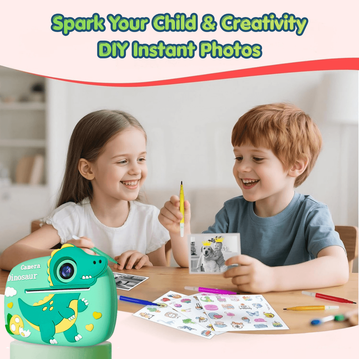 Camera Foto Instant Copii, Dinozaur, 1080P, Printare Foto Instant, Qova®, 3-10 Ani, Printare Fara Cerneala, Verde