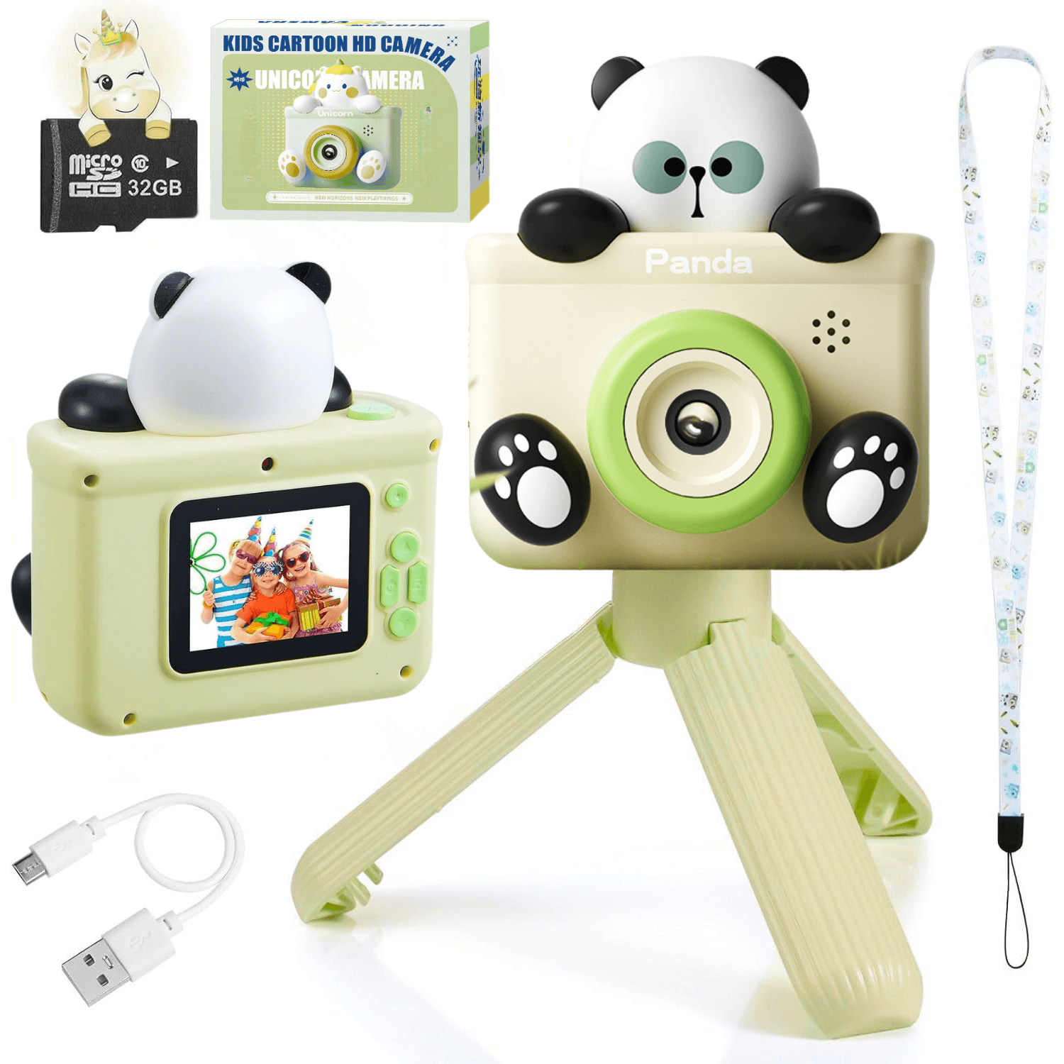 Camera Foto Copii, Panda MiniTrepied, HD20MP,1080PHD Video, Dual Camera Selfie,32GB Card Inclus, Qova®, 3-12 Ani,Verde