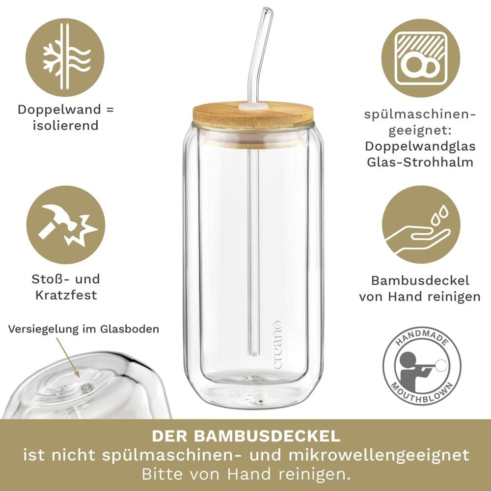 Set 4 pahare Creano, 360 ml, perete dublu, cu capac din bambus si pai, pentru smoothie si bubble tea