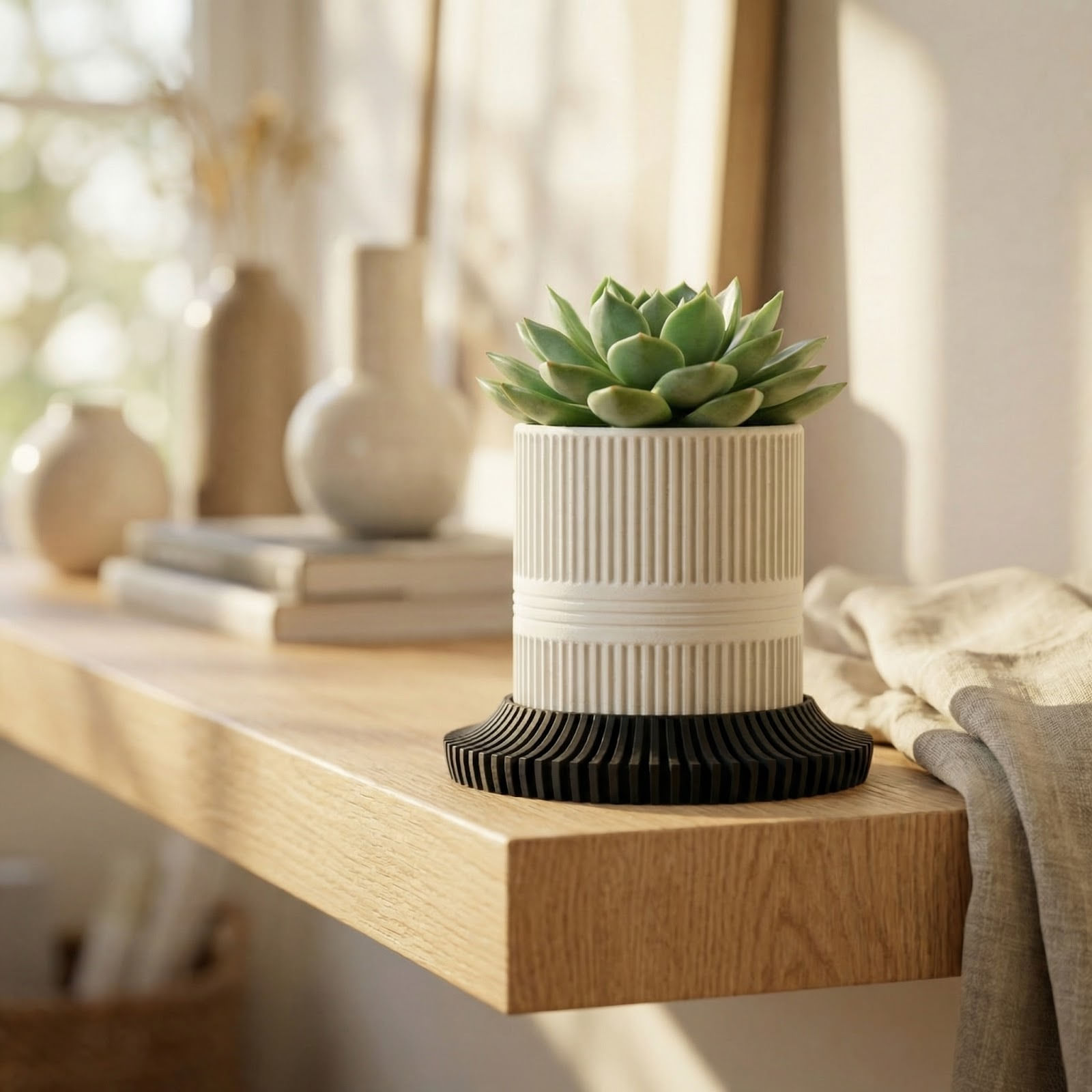 Ghiveci Decorativ Minimalist cu Farfurie Striata, Alb, 10 cm — imaginea 6