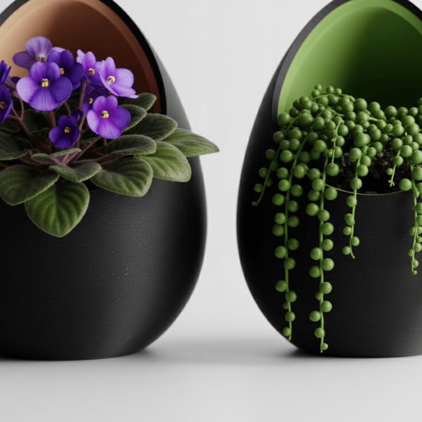 Set Ghivece mini decorative tip ou, culoare Midnight Onyx, plastic PLA, 16 cm inaltime — imaginea 4