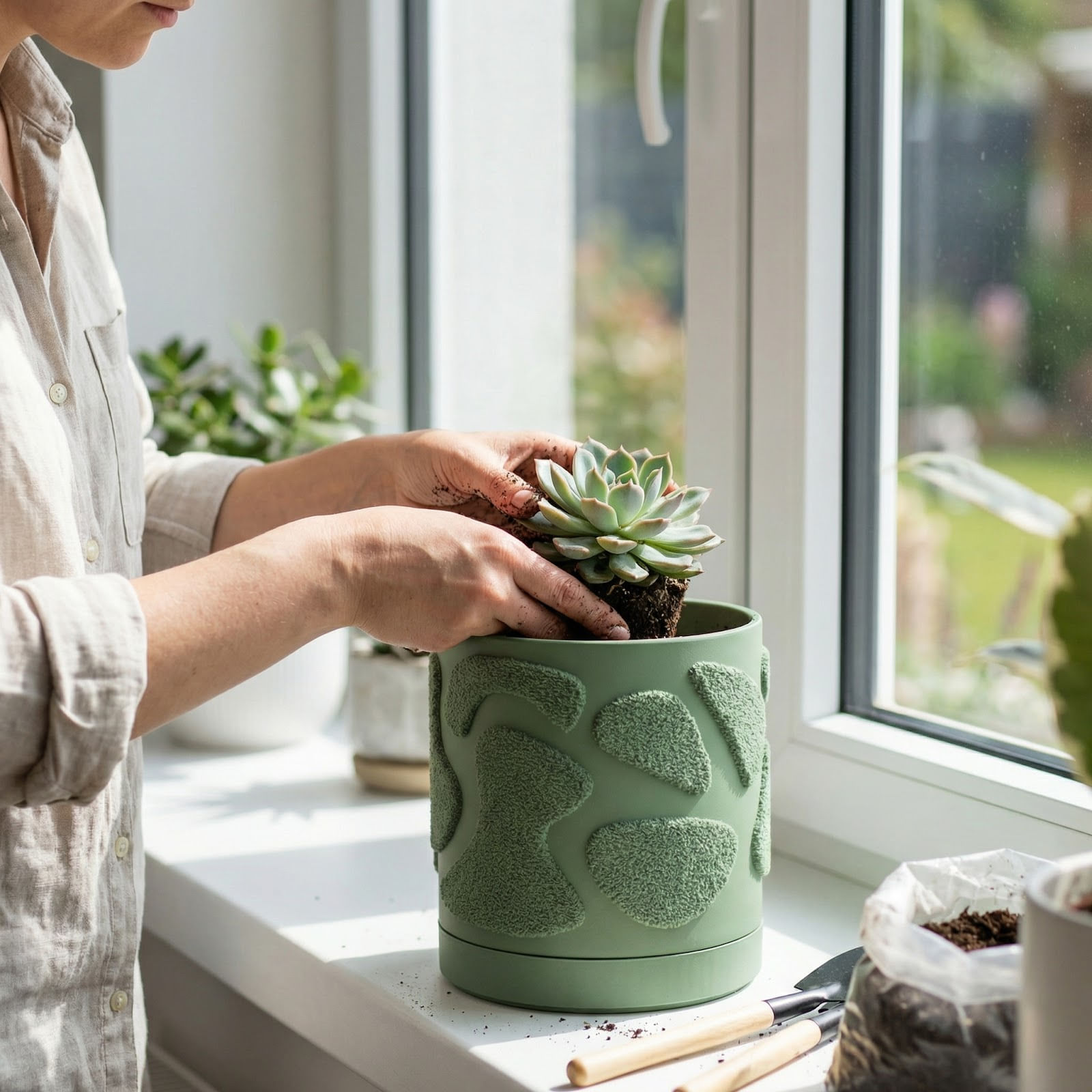 Ghiveci decorativ verde, 14 cm, cu drenaj integrat, textura organica — imaginea 4