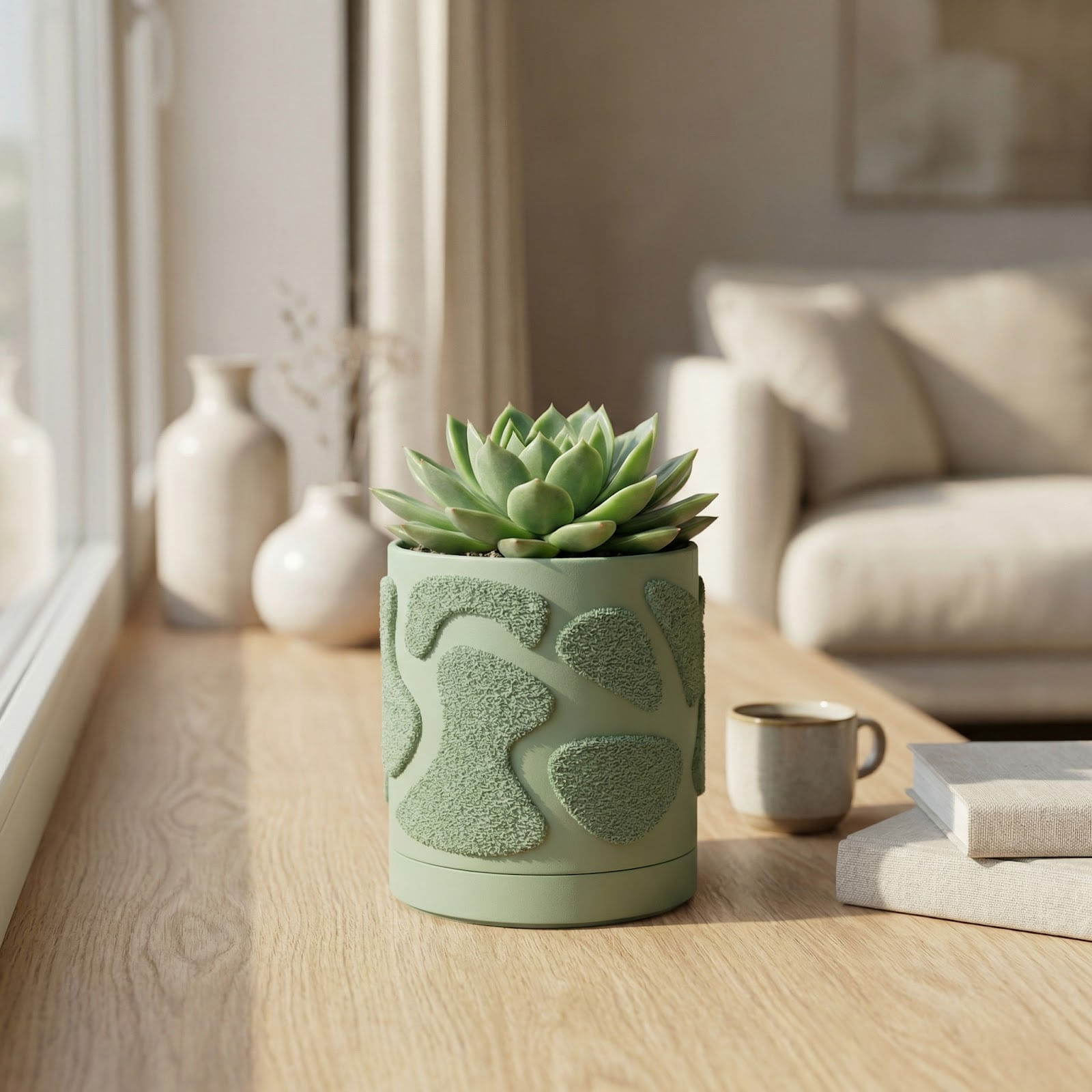 Ghiveci decorativ verde, 14 cm, cu drenaj integrat, textura organica — imaginea 7