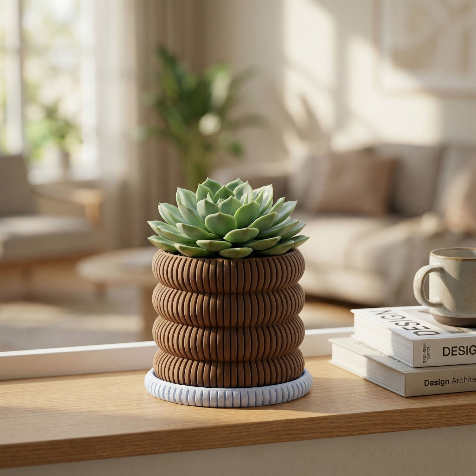 Ghiveci Decorativ Striat cu Farfurie, Maro, 11 cm — imaginea 4