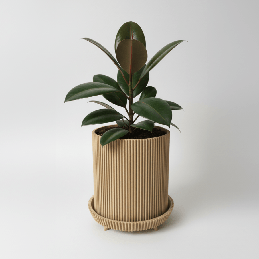 Ghiveci decorativ Vertical Lines, Desert Beige, materiale eco friendly, cu tavita lipita, plastic PLA, diametru 12cm, inaltime 15cm — imaginea 4