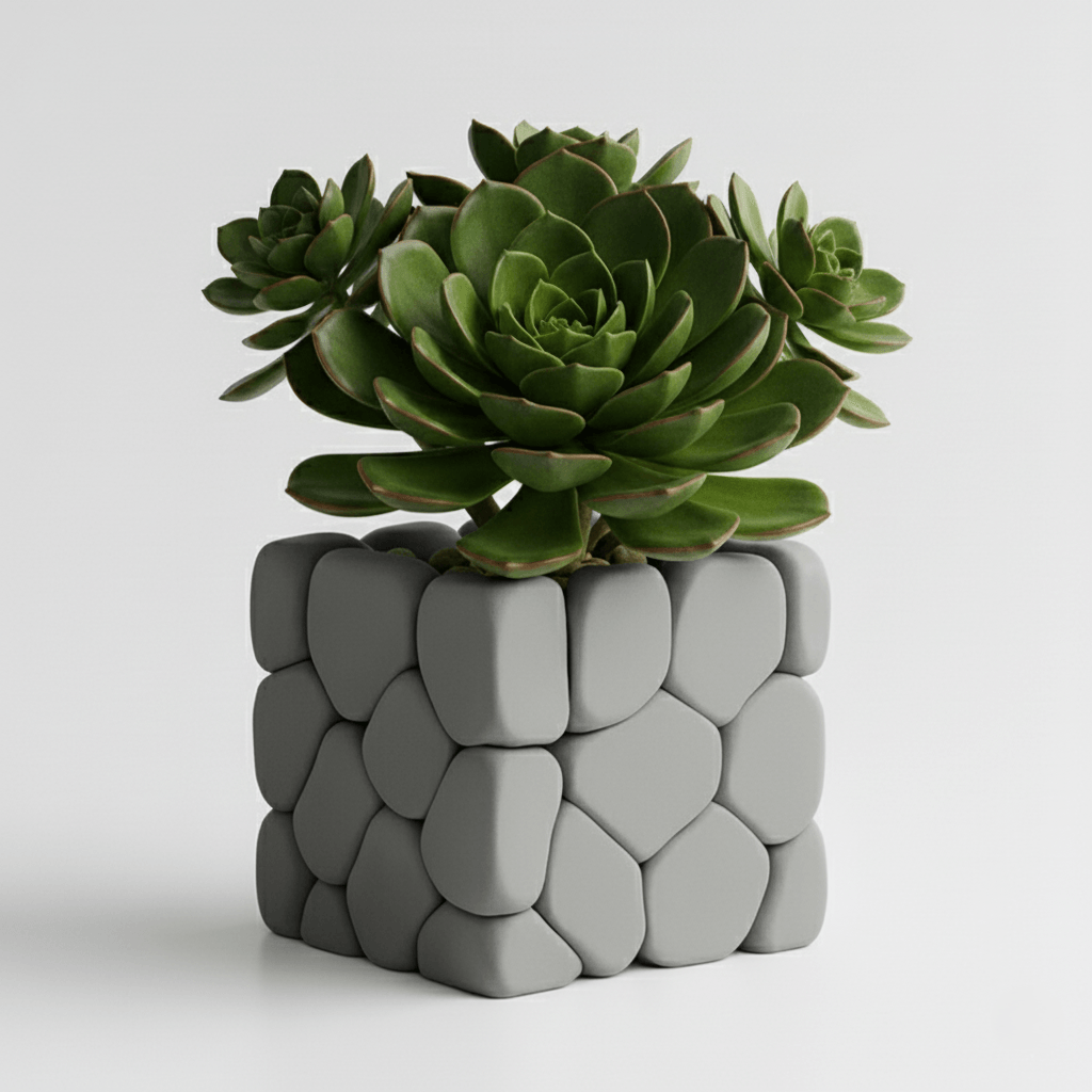 Ghiveci decorativ cu design stone touch, culoare Graphite Mist, plastic PLA, 9cm inaltime — imaginea 5