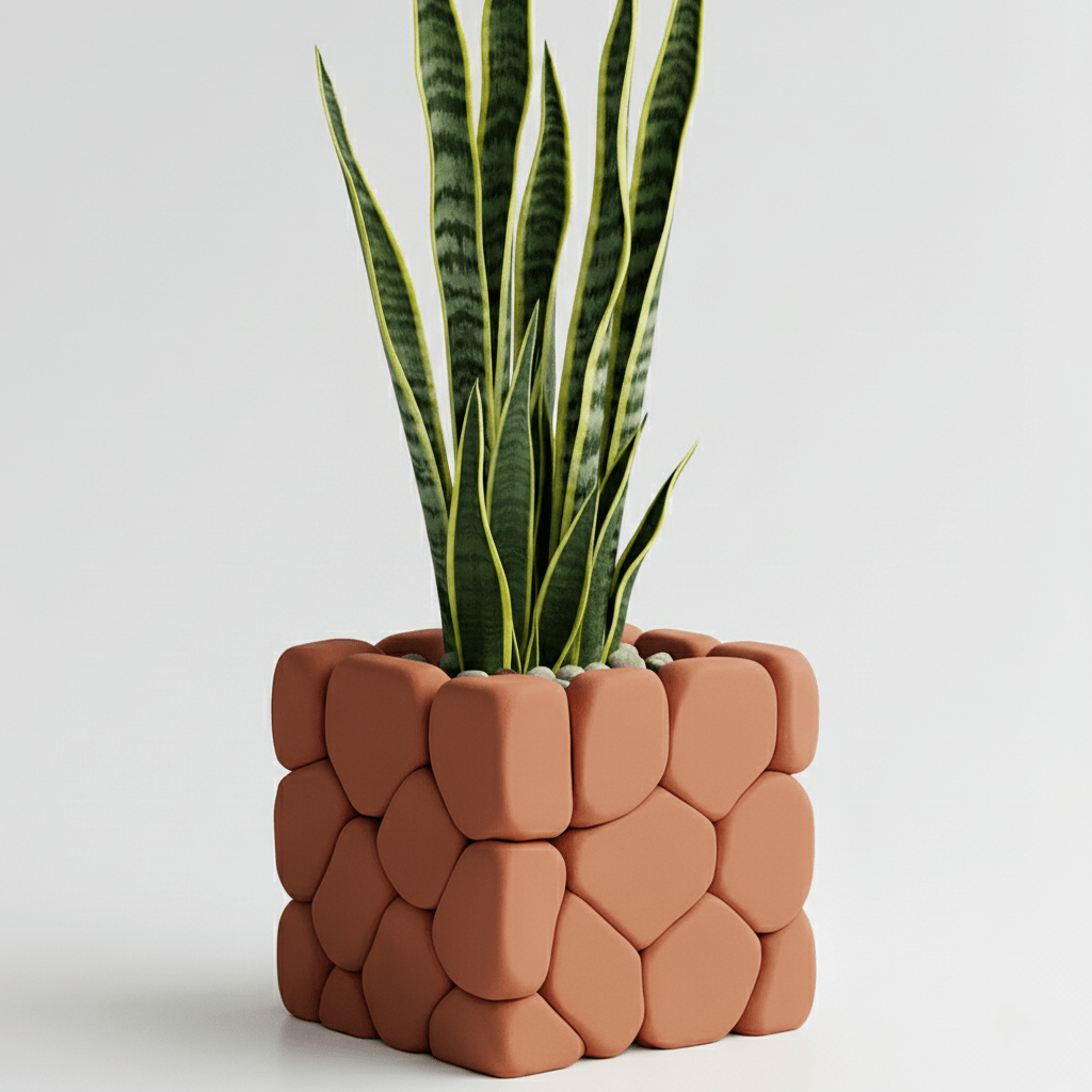 Ghiveci decorativ cu design stone touch, culoare Terracotta Ember, plastic PLA, 9cm inaltime — imaginea 2