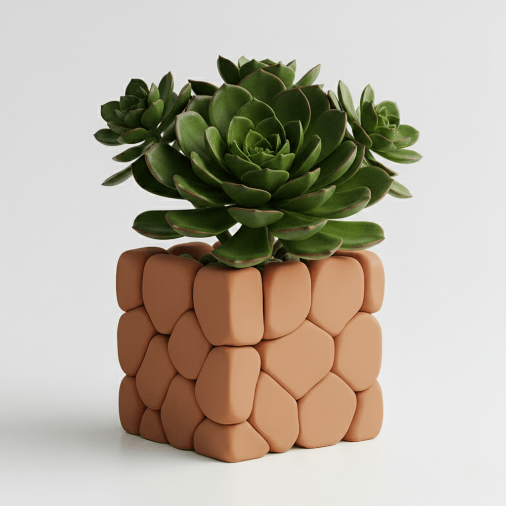 Ghiveci decorativ cu design stone touch, culoare Terracotta Ember, plastic PLA, 9cm inaltime — imaginea 3