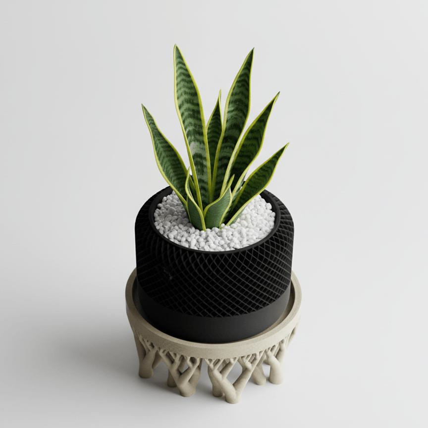 Ghiveci decorativ Dual Texture – Culoare Midnight Onyx & Ivory Stone, plastic PLA, diametru 12cm, inaltime 21cm — imaginea 2