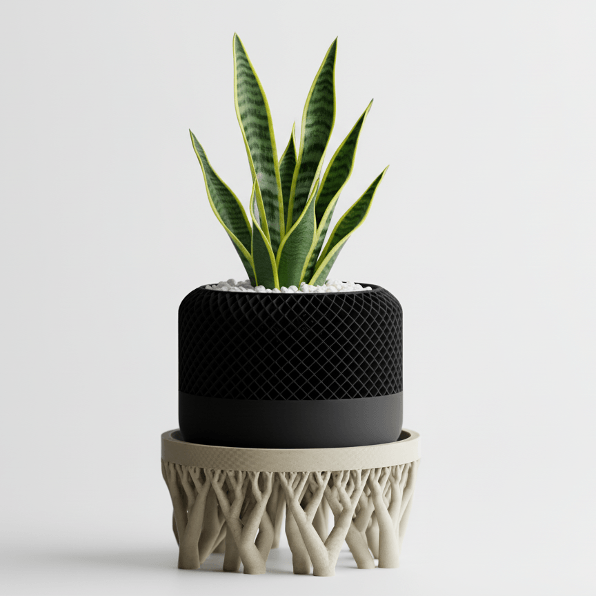 Ghiveci decorativ Dual Texture – Culoare Midnight Onyx & Ivory Stone, plastic PLA, diametru 12cm, inaltime 21cm — imaginea 3