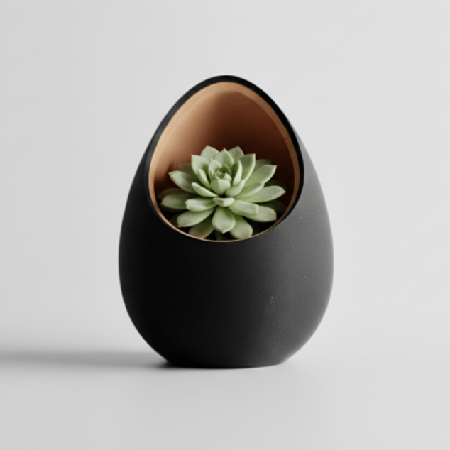 Ghiveci decorativ tip ou, culoare Midnight Onyx & Champagne Gold, plastic PLA, diametru 12cm, inaltime 16cm