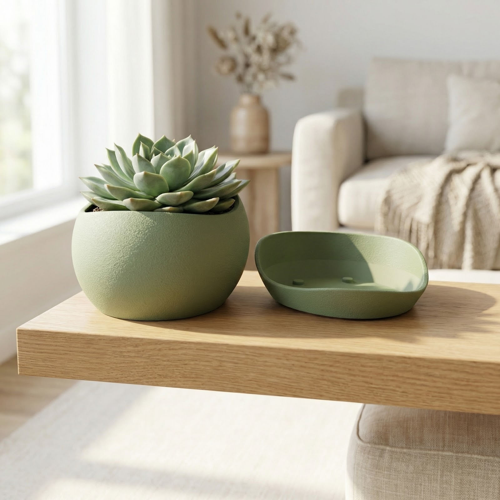 Ghiveci Decorativ cu Textura Mata si Farfurie, Verde, 17 cm — imaginea 4