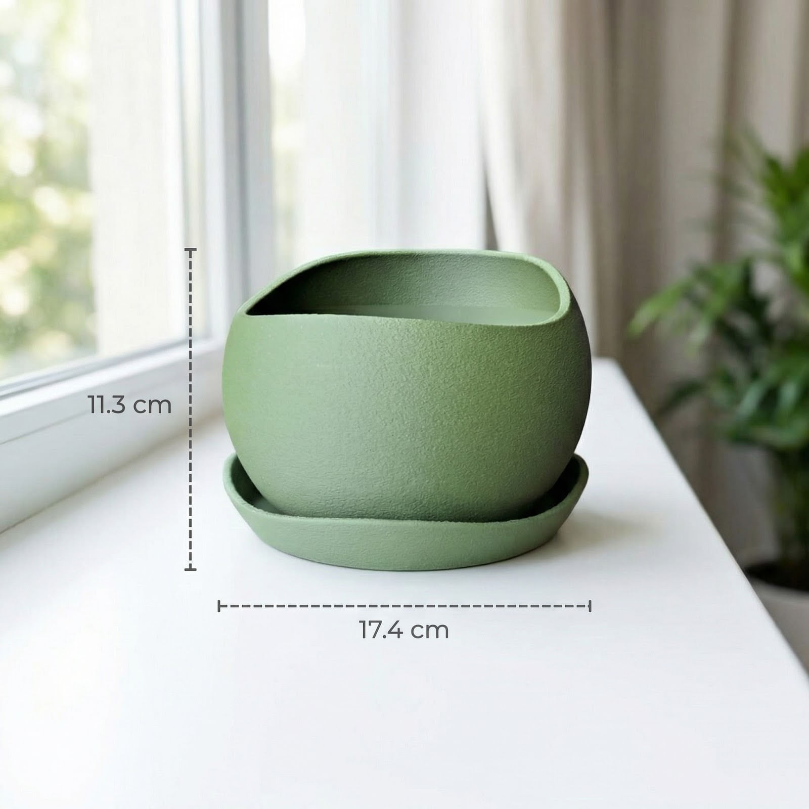 Ghiveci Decorativ cu Textura Mata si Farfurie, Verde, 17 cm — imaginea 7