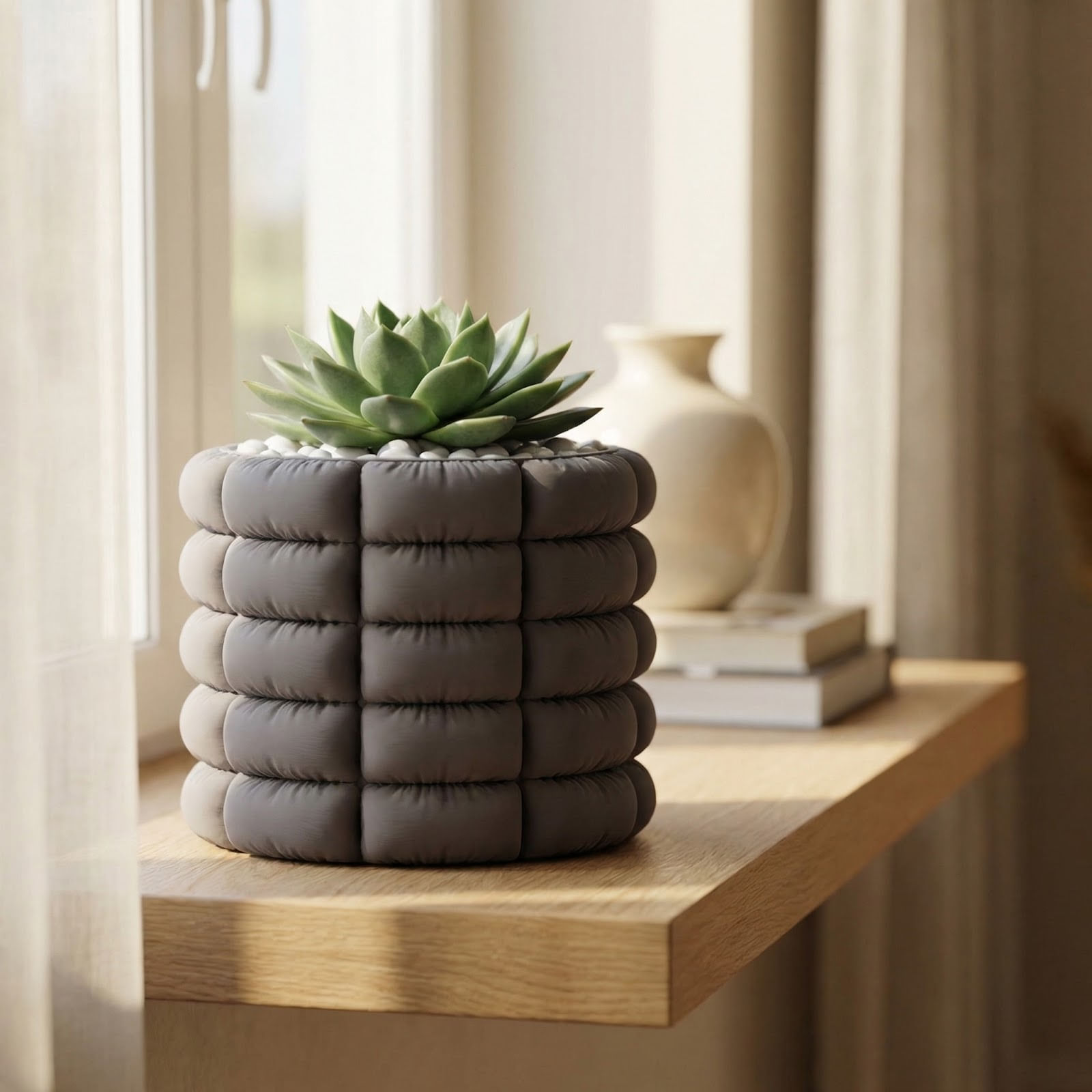 Ghiveci Decorativ cu Aspect Textil Matlasat, Gri Antracit, 15 cm — imaginea 3