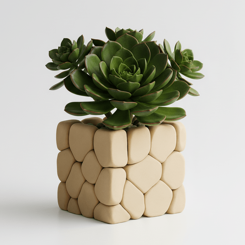 Ghiveci decorativ cu design stone touch, culoare Ivory Sand, plastic pla, diametru 7cm, inaltime 9cm — imaginea 3
