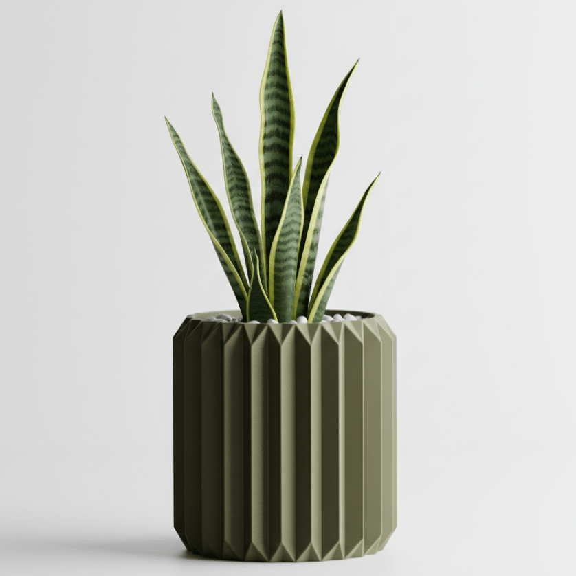 Ghiveci decorativ cu design origami, culoare Verde Oliv, plastic PLA, diametru 12cm, inaltime 15cm — imaginea 3